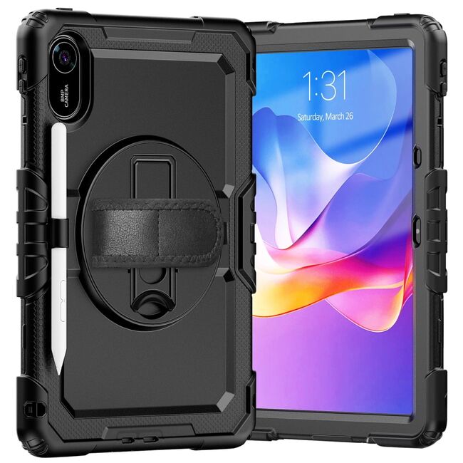 Pachet 360: Husa cu folie integrata pentru Xiaomi Redmi Pad 2 11 inch Shockproof Armor de tip stand, Rotire 360°, Suport Reglabil si Curea de Mana & Umar - negru