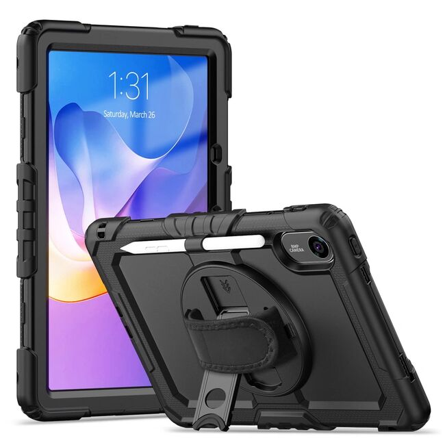 Pachet 360: Husa cu folie integrata pentru Xiaomi Redmi Pad 2 11 inch Shockproof Armor de tip stand, Rotire 360°, Suport Reglabil si Curea de Mana & Umar - negru