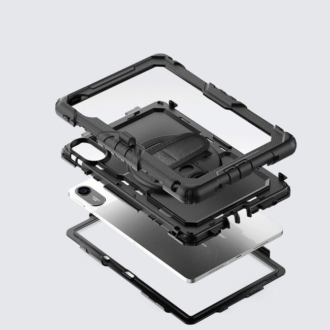 Pachet 360: Husa cu folie integrata pentru Xiaomi Redmi Pad 2 11 inch Shockproof Armor de tip stand, Rotire 360°, Suport Reglabil si Curea de Mana & Umar - negru