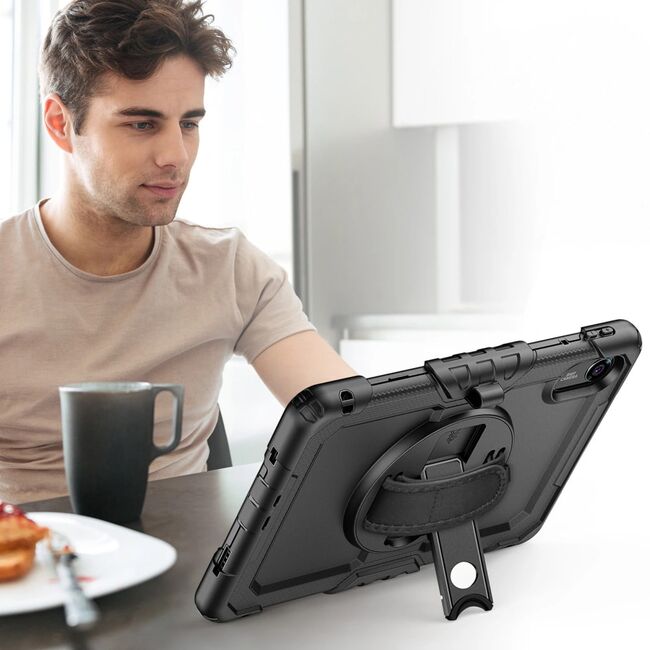 Pachet 360: Husa cu folie integrata pentru Xiaomi Redmi Pad 2 11 inch Shockproof Armor de tip stand, Rotire 360°, Suport Reglabil si Curea de Mana & Umar - negru