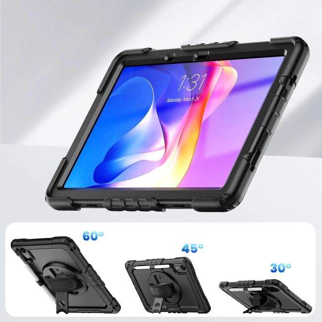 Pachet 360: Husa cu folie integrata pentru Xiaomi Redmi Pad 2 11 inch Shockproof Armor de tip stand, Rotire 360°, Suport Reglabil si Curea de Mana & Umar - negru