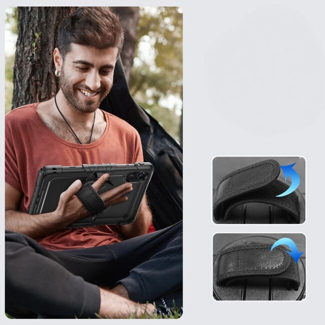 Pachet 360: Husa cu folie integrata pentru Xiaomi Redmi Pad 2 11 inch Shockproof Armor de tip stand, Rotire 360°, Suport Reglabil si Curea de Mana & Umar - negru