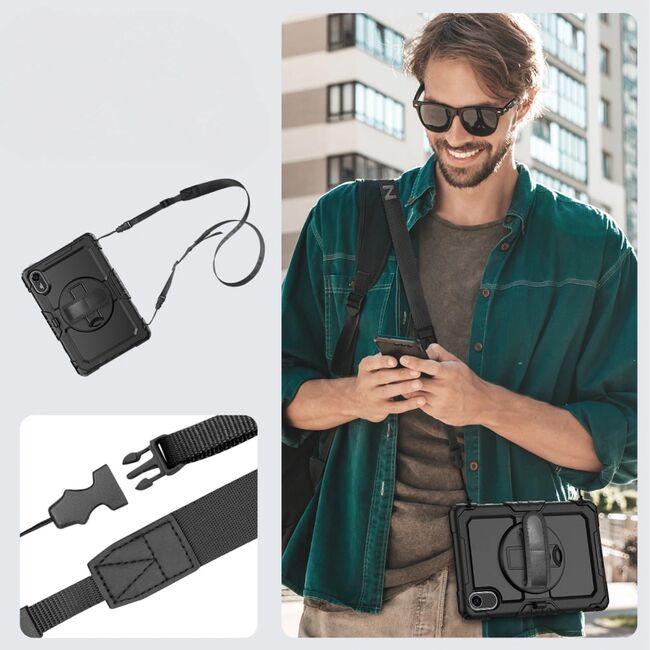 Pachet 360: Husa cu folie integrata pentru Xiaomi Redmi Pad 2 11 inch Shockproof Armor de tip stand, Rotire 360°, Suport Reglabil si Curea de Mana & Umar - negru