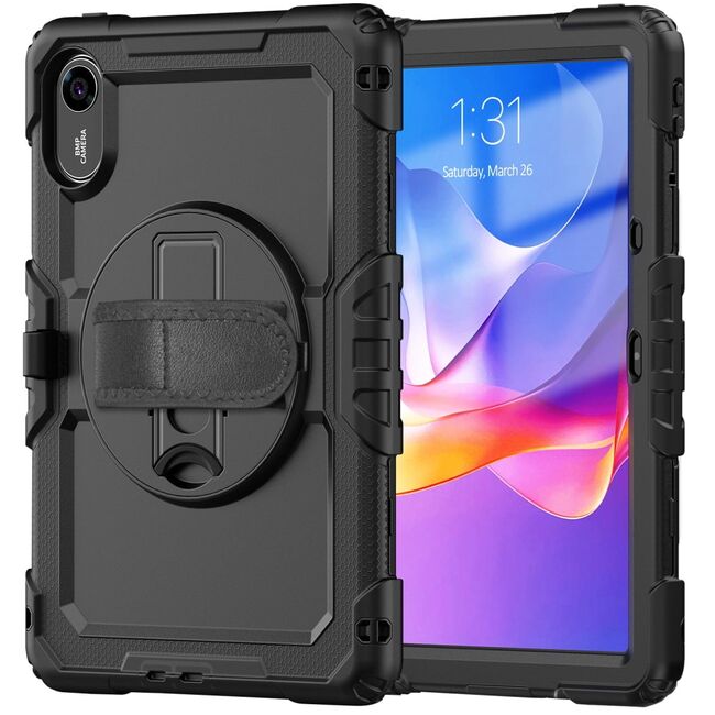Pachet 360: Husa cu folie integrata pentru Xiaomi Redmi Pad 2 11 inch Shockproof Armor de tip stand, Rotire 360°, Suport Reglabil si Curea de Mana & Umar - negru