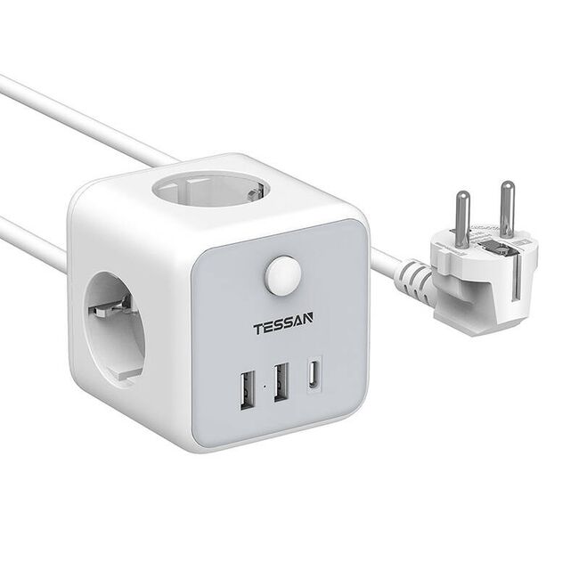 Prelungitor tip cub Tessan TS-301, comutator ON/OFF, 3 prize Shucko, 2 x USB, 1 x USB-C, cablu 1.5m, Alb