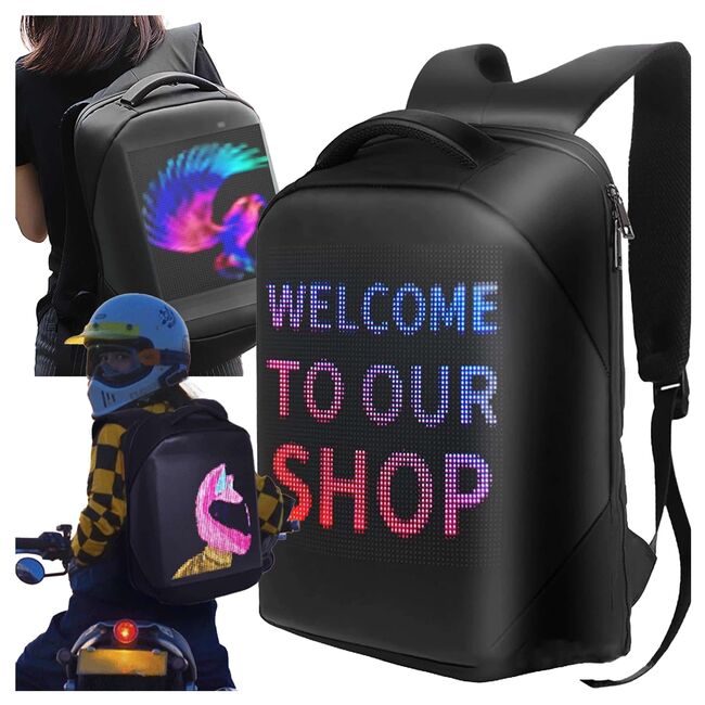 Rucsac LED SmartPack UrbanVision cu Display RGB 64x64, Mesaje Personalizate, Ideal pentru Promovare, Atentionare si Calatorii, Control App, Compartimente Laptop si Tableta, Material Impermeabil, negru