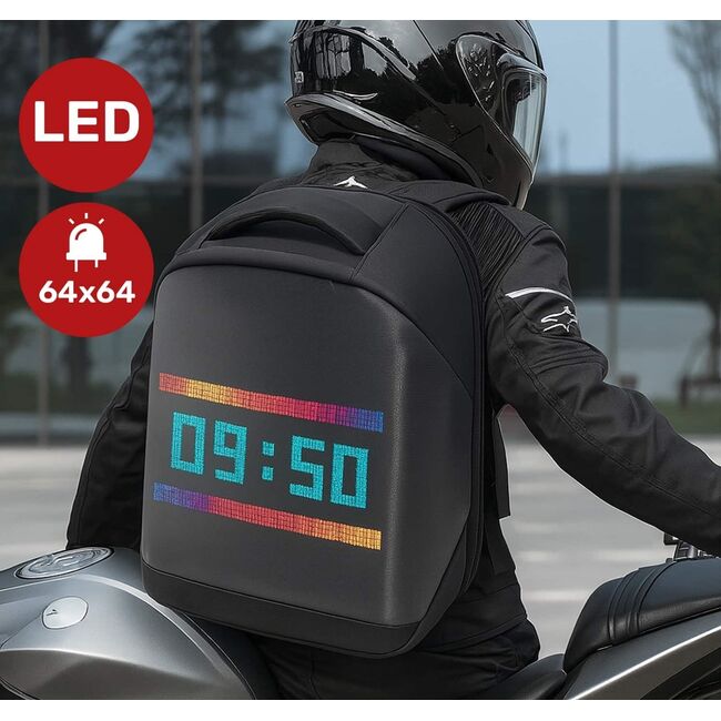 Rucsac LED SmartPack UrbanVision cu Display RGB 64x64, Mesaje Personalizate, Ideal pentru Promovare, Atentionare si Calatorii, Control App, Compartimente Laptop si Tableta, Material Impermeabil, negru