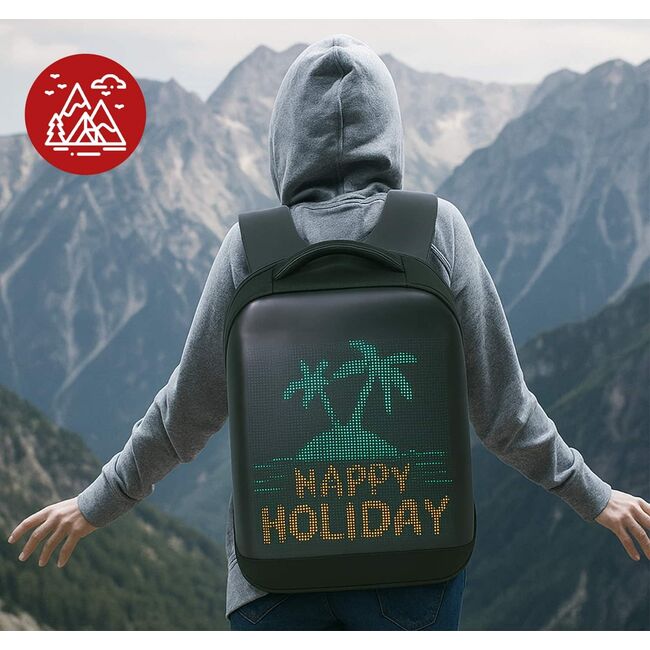 Rucsac LED SmartPack UrbanVision cu Display RGB 64x64, Mesaje Personalizate, Ideal pentru Promovare, Atentionare si Calatorii, Control App, Compartimente Laptop si Tableta, Material Impermeabil, negru
