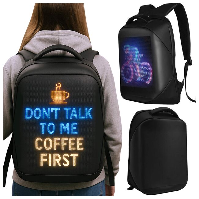 Rucsac LED SmartPack UrbanVision cu Display RGB 64x64, Mesaje Personalizate, Ideal pentru Promovare, Atentionare si Calatorii, Control App, Compartimente Laptop si Tableta, Material Impermeabil, negru