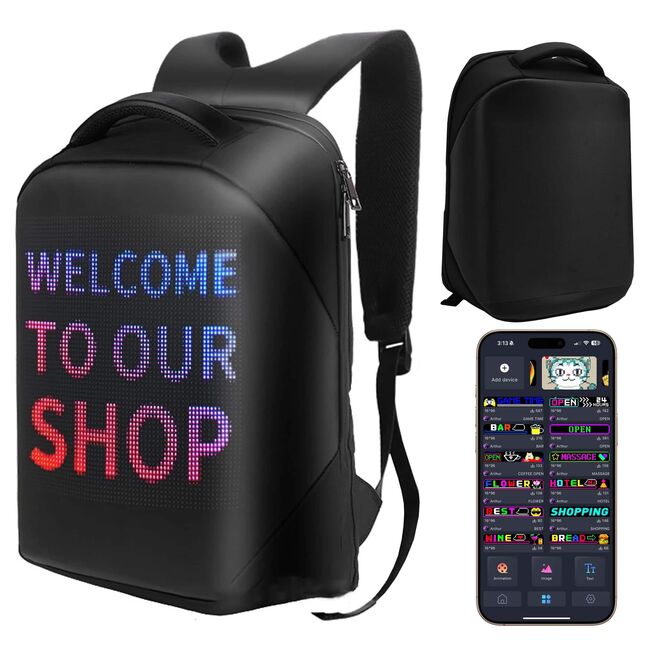 Rucsac LED SmartPack UrbanVision cu Display RGB 64x64, Mesaje Personalizate, Ideal pentru Promovare, Atentionare si Calatorii, Control App, Compartimente Laptop si Tableta, Material Impermeabil, negru
