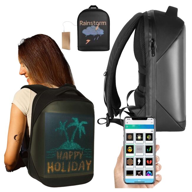 Rucsac LED SmartPack UrbanVision cu Display RGB 64x64, Mesaje Personalizate, Ideal pentru Promovare, Atentionare si Calatorii, Control App, Compartimente Laptop si Tableta, Material Impermeabil, negru