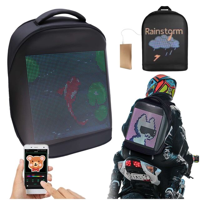 Rucsac LED SmartPack UrbanVision cu Display RGB 64x64, Mesaje Personalizate, Ideal pentru Promovare, Atentionare si Calatorii, Control App, Compartimente Laptop si Tableta, Material Impermeabil, negru