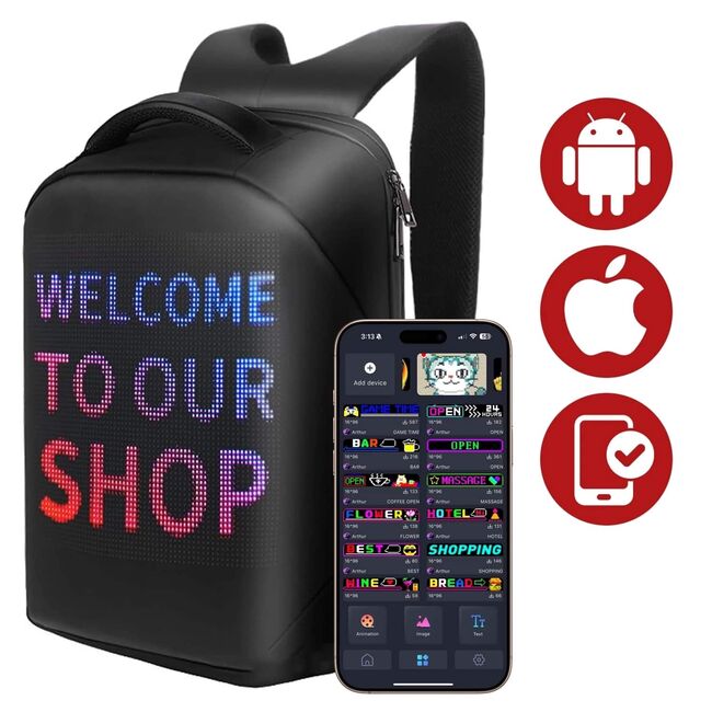 Rucsac LED SmartPack UrbanVision cu Display RGB 64x64, Mesaje Personalizate, Ideal pentru Promovare, Atentionare si Calatorii, Control App, Compartimente Laptop si Tableta, Material Impermeabil, negru