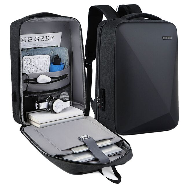 Rucsac UrbanSafe Pro 15.6" pentru laptop / tableta cu Sistem Anti-Furt, Port USB si Design Geometric Impermeabil – Alegerea Ideala pentru Oraa, Calatorii sau Birou - negru