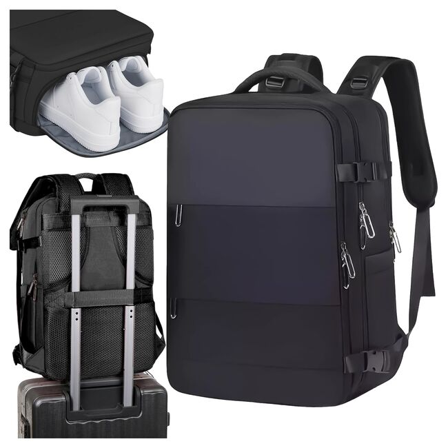 Rucsac de Laptop 15.6" SmartJet Pro Cabin Backpack 27L, Antifurt, Compartiment Pantofi, Prindere pe Troller, Waterproof -  Negru