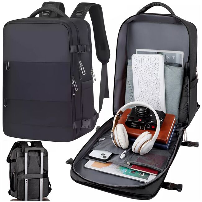 Rucsac de Laptop 15.6" SmartJet Pro Cabin Backpack 27L, Antifurt, Compartiment Pantofi, Prindere pe Troller, Waterproof -  Negru