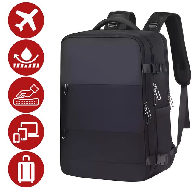 Rucsac de Laptop 15.6" SmartJet Pro Cabin Backpack 27L, Antifurt, Compartiment Pantofi, Prindere pe Troller, Waterproof -  Negru