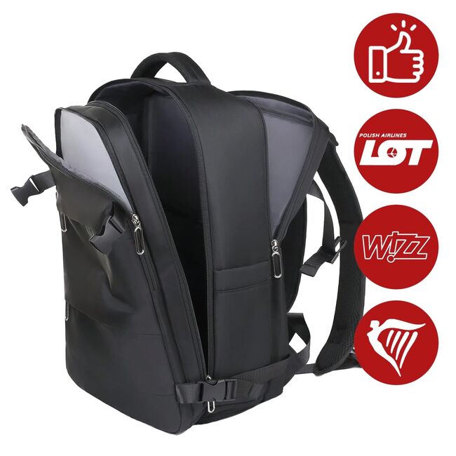 Rucsac de Laptop 15.6" SmartJet Pro Cabin Backpack 27L, Antifurt, Compartiment Pantofi, Prindere pe Troller, Waterproof -  Negru