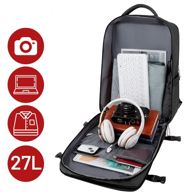 Rucsac de Laptop 15.6" SmartJet Pro Cabin Backpack 27L, Antifurt, Compartiment Pantofi, Prindere pe Troller, Waterproof -  Negru