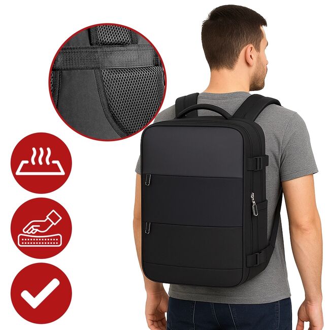 Rucsac de Laptop 15.6" SmartJet Pro Cabin Backpack 27L, Antifurt, Compartiment Pantofi, Prindere pe Troller, Waterproof -  Negru