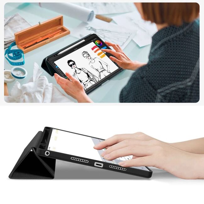Husa pentru Lenovo Idea Tab 11 inch cu functie wake-up/sleep si compartiment pentru stylus, tip stand - negru