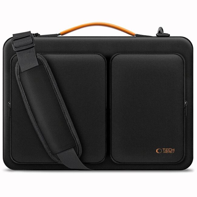 Geantă Laptop Elegantă 13”–14” cu 4 Compartimente, Curea de Umăr și Mâner – Protecție Plusată, Design Slim & Profesional – Compatibilă MacBook, Lenovo, HP, ASUS, Dell, negru / portocaliu