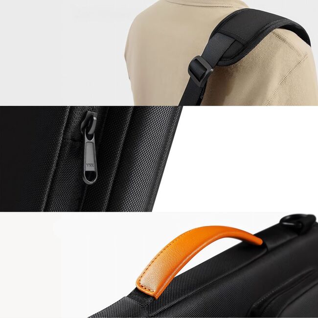 Geantă Laptop Elegantă 13”–14” cu 4 Compartimente, Curea de Umăr și Mâner – Protecție Plusată, Design Slim & Profesional – Compatibilă MacBook, Lenovo, HP, ASUS, Dell, negru / portocaliu