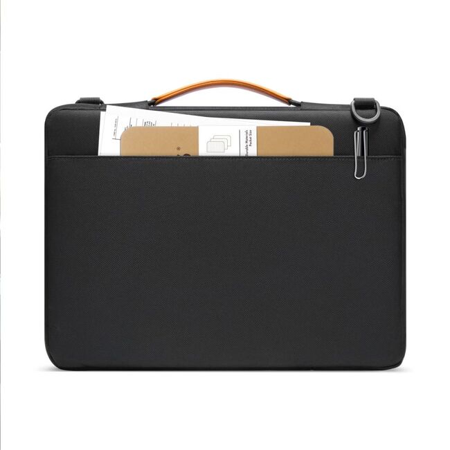 Geantă Laptop Elegantă 13”–14” cu 4 Compartimente, Curea de Umăr și Mâner – Protecție Plusată, Design Slim & Profesional – Compatibilă MacBook, Lenovo, HP, ASUS, Dell, negru / portocaliu