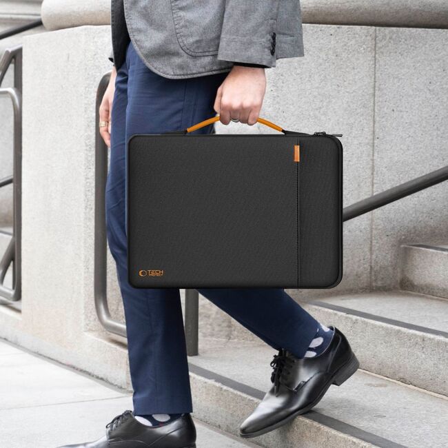 Geantă Elegantă cu Protecție Sporită pentru Laptop 15.6"-16", Cu Mânere din Piele, Buzunar Frontal și Suport AirTag – Ideală pentru Transport Business și Urban, negru