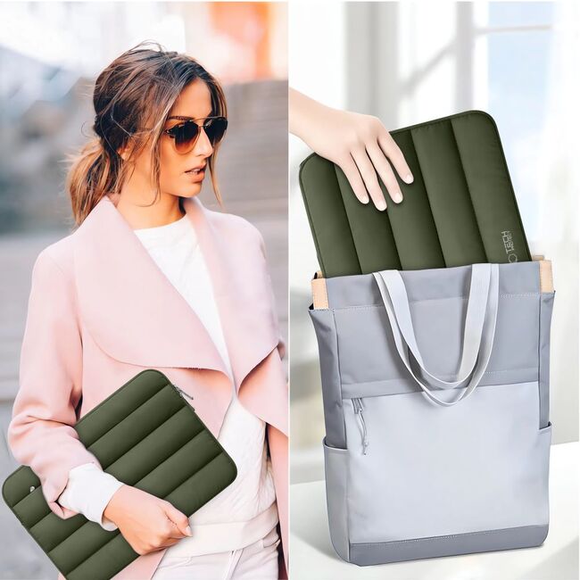 Husă Laptop Fluffy 13-14” – Design Soft Premium, Interior Plusat, Compartiment Accesorii, Protecție Antișoc – Compatibilă cu MacBook, Lenovo, ASUS, Dell, army green