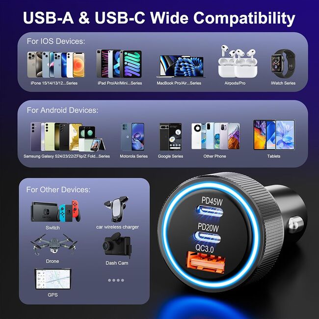 Incarcator Auto Rapid 3 in 1 PowerDrive 65W Fast Charge – 1 x USB-C PD 45W, 1 x USB-C PD 20W, 1 x USB-A QC 18W, 5V / 3A, Iluminare LED, Aluminiu - Argintiu