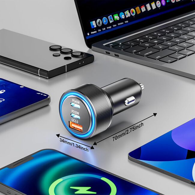 Incarcator Auto Rapid 3 in 1 PowerDrive 65W Fast Charge – 1 x USB-C PD 45W, 1 x USB-C PD 20W, 1 x USB-A QC 18W, 5V / 3A, Iluminare LED, Aluminiu - Argintiu