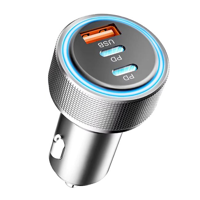 Incarcator Auto Rapid 3 in 1 PowerDrive 65W Fast Charge – 1 x USB-C PD 45W, 1 x USB-C PD 20W, 1 x USB-A QC 18W, 5V / 3A, Iluminare LED, Aluminiu - Argintiu
