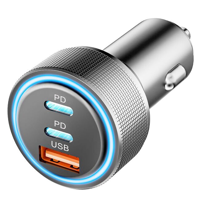 Incarcator Auto Rapid 3 in 1 PowerDrive 65W Fast Charge – 1 x USB-C PD 45W, 1 x USB-C PD 20W, 1 x USB-A QC 18W, 5V / 3A, Iluminare LED, Aluminiu - Argintiu