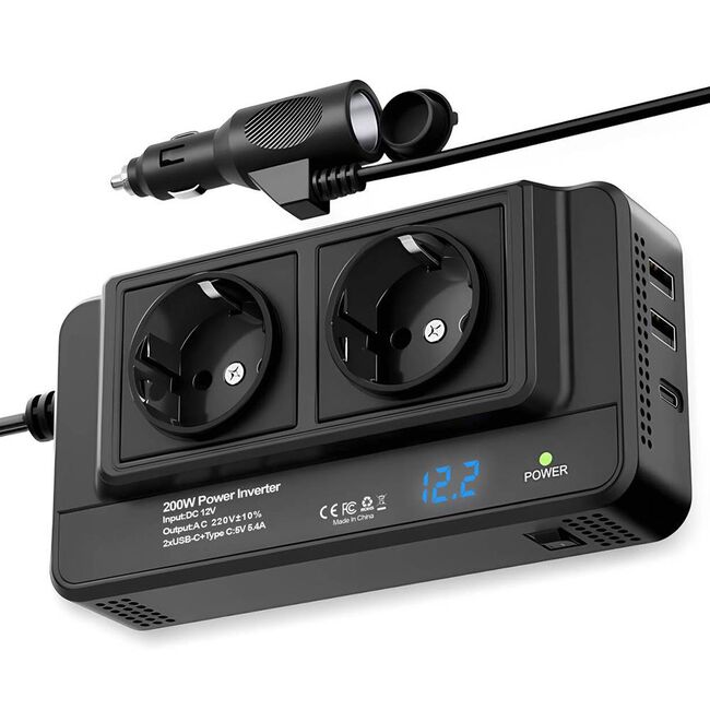 Invertor Tensiune Auto 12 / 24V VoltStation 200W adaptor priza bricheta auto – 2 x Prize AC 220V, 2 x USB-A, 1 x Type-C, Ventilator Silentios, Afișaj Digital, Negru