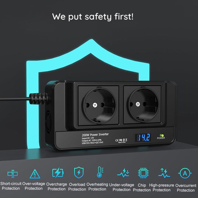 Invertor Tensiune Auto 12 / 24V VoltStation 200W adaptor priza bricheta auto – 2 x Prize AC 220V, 2 x USB-A, 1 x Type-C, Ventilator Silentios, Afișaj Digital, Negru