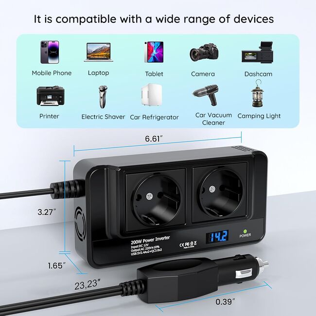 Invertor Tensiune Auto 12 / 24V VoltStation 200W adaptor priza bricheta auto – 2 x Prize AC 220V, 2 x USB-A, 1 x Type-C, Ventilator Silentios, Afișaj Digital, Negru