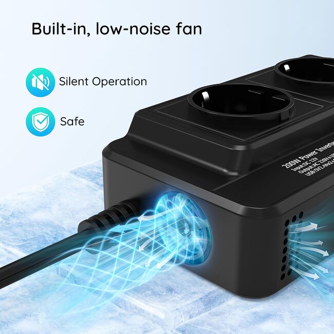 Invertor Tensiune Auto 12 / 24V VoltStation 200W adaptor priza bricheta auto – 2 x Prize AC 220V, 2 x USB-A, 1 x Type-C, Ventilator Silentios, Afișaj Digital, Negru