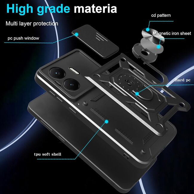 Husa pentru  Poco F7 Ring Armor Kickstand Tough Rugged Cover cu protectie camera, Negru