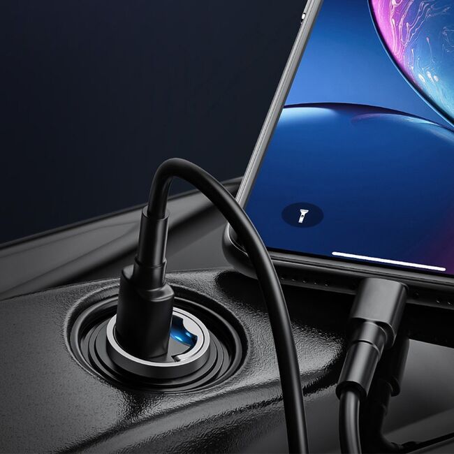 Incarcator Auto MiniCharge PD 30W – 1 x USB-C Fast Charge, Design Ultra Compact din Aluminiu, Pull Ring - Negru