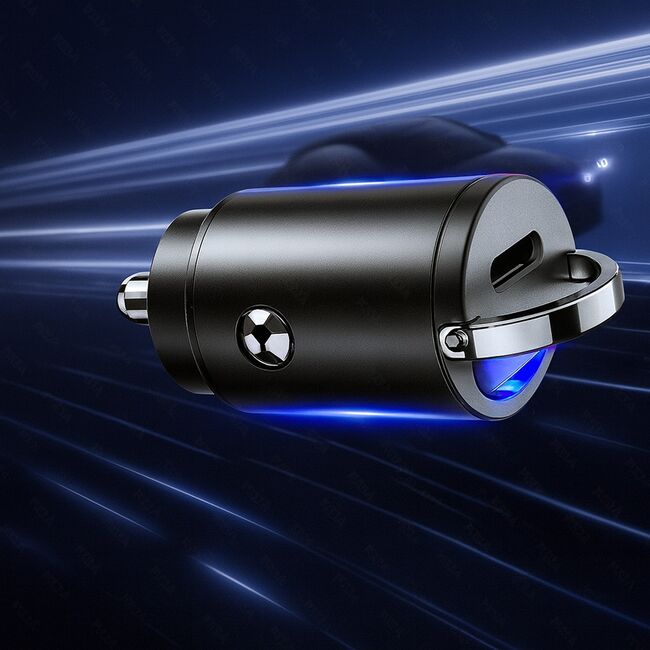 Incarcator Auto MiniCharge PD 30W – 1 x USB-C Fast Charge, Design Ultra Compact din Aluminiu, Pull Ring - Negru