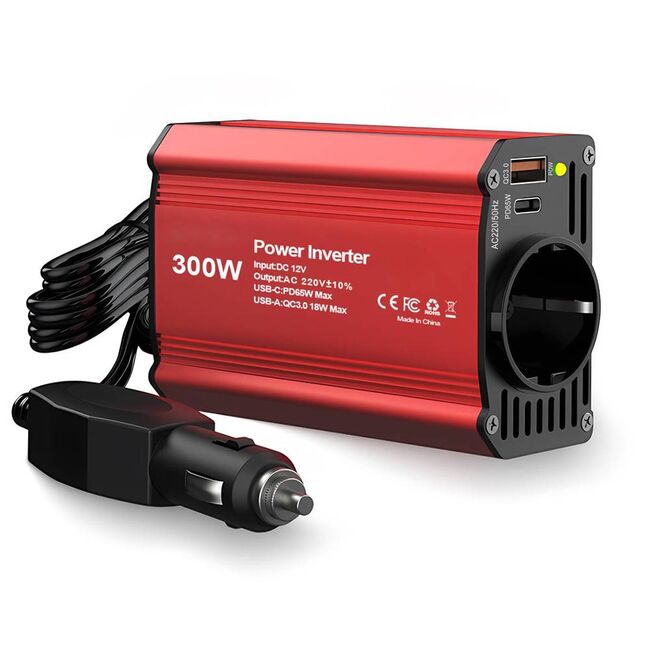 Invertor Auto 12/24 V PowerXpress 300W adaptor priza bricheta auto – 1 x Priza AC 220V, 1 xType-C PD 65W, 1 x USB-A QC3.0, Fast Charge, Racire Silentioasa, Carcasa Aluminiu - Rosu
