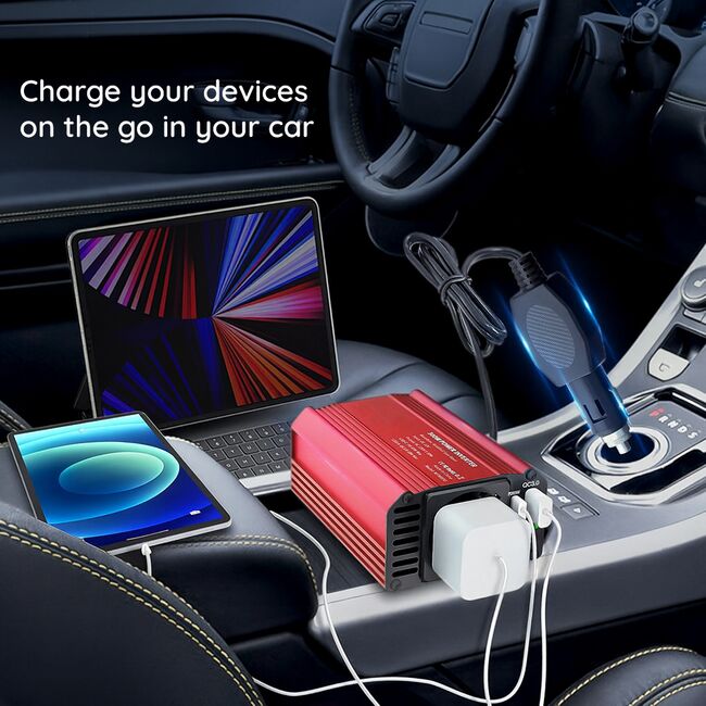 Invertor Auto 12/24 V PowerXpress 300W adaptor priza bricheta auto – 1 x Priza AC 220V, 1 xType-C PD 65W, 1 x USB-A QC3.0, Fast Charge, Racire Silentioasa, Carcasa Aluminiu - Rosu