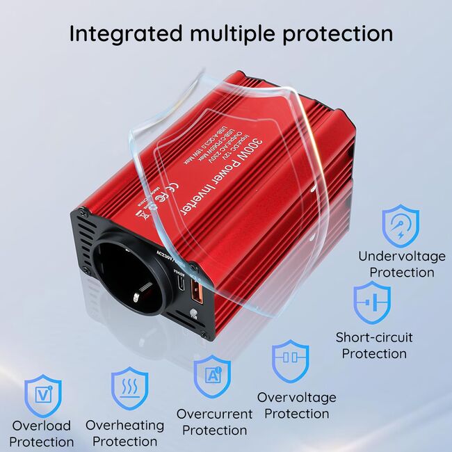 Invertor Auto 12/24 V PowerXpress 300W adaptor priza bricheta auto – 1 x Priza AC 220V, 1 xType-C PD 65W, 1 x USB-A QC3.0, Fast Charge, Racire Silentioasa, Carcasa Aluminiu - Rosu