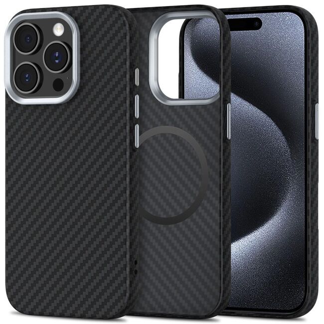 Husa pentru iPhone 15 Pro Max CarbonElite MagMount - Ultra Slim, Textura Carbon, Compatibila MagSafe - negru