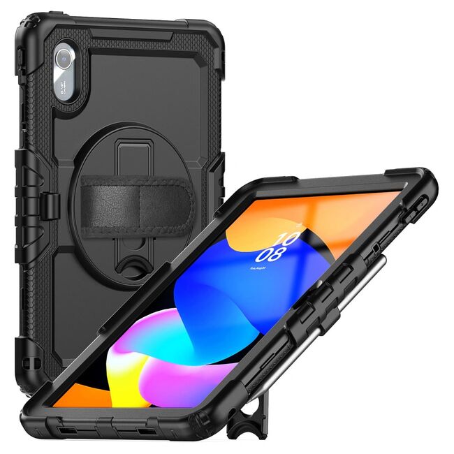 Pachet 360: Husa cu folie integrata pentru Lenovo Idea Tab 11 inch Shockproof Armor de tip stand, Rotire 360°, Suport Reglabil si Curea de Mana & Umar - negru