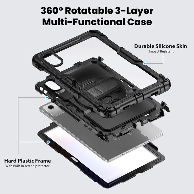 Pachet 360: Husa cu folie integrata pentru Lenovo Idea Tab 11 inch Shockproof Armor de tip stand, Rotire 360°, Suport Reglabil si Curea de Mana & Umar - negru
