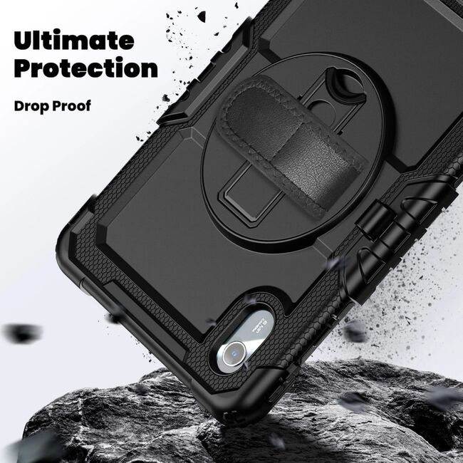Pachet 360: Husa cu folie integrata pentru Lenovo Idea Tab 11 inch Shockproof Armor de tip stand, Rotire 360°, Suport Reglabil si Curea de Mana & Umar - negru