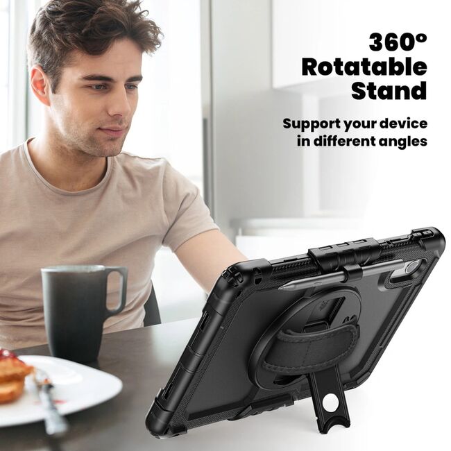 Pachet 360: Husa cu folie integrata pentru Lenovo Idea Tab 11 inch Shockproof Armor de tip stand, Rotire 360°, Suport Reglabil si Curea de Mana & Umar - negru