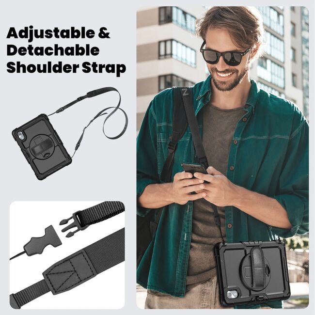 Pachet 360: Husa cu folie integrata pentru Lenovo Idea Tab 11 inch Shockproof Armor de tip stand, Rotire 360°, Suport Reglabil si Curea de Mana & Umar - negru